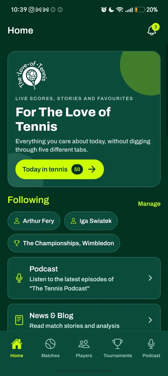 The Love of Tennis app home dashboard showing live tennis content, featured cards and app navigation