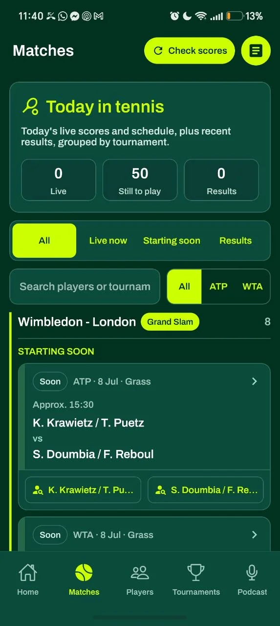 The Love of Tennis app match scores and schedule screen