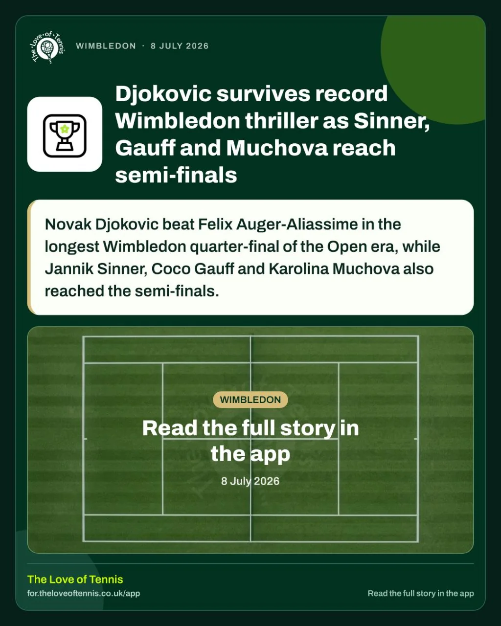 The Love of Tennis app news story card promoting Wimbledon daily reviews