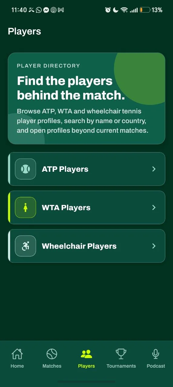 The Love of Tennis app player directory screen
